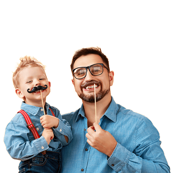 Father and son with false mustaches