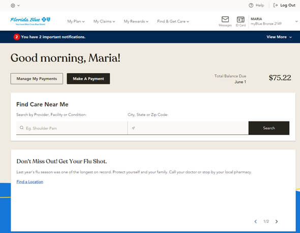 Florida Blue personalized member dashboard